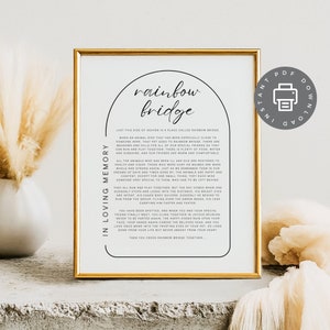 Poema del Puente Arcoíris, Regalo de condolencias para mascotas, Tarjeta de condolencias para perros (PDF), Homenaje por la pérdida de un gato, Imprimible en memoria de un ser querido, ID111 de duelo por una mascota