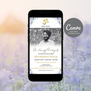 May include: A digital invitation for a first barsi, a Sikh memorial service, for Shubhdeep Singh. The invitation features a photo of the deceased, a floral design, and the Om symbol. The event will be held on August 30th at 10:00 AM - 2:00 PM at Shri Guru Sehaj Path Sahib, 2 Willow Dr, Redstone, CA. The event will be followed by Kirtan and Guru Ka Langar. Contact Singh at 555.431.2312.