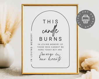 May include: A framed sign with a gold border and white background. The sign reads "THIS candle BURNS" with the text "IN LOVING MEMORY" and "forever in our hearts". A PDF download icon is in the upper right corner.