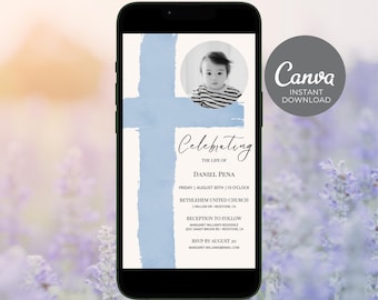 Funeral Announcement, Infant Funeral Invite, Baby Boy Editable Memorial Evite with Cross, Child Celebration of Life Invitation Cross ID205