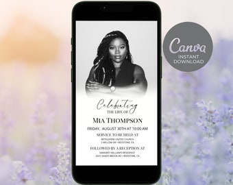 May include: A black and white photo of a woman is on a white background with black text. The text reads "Celebrating the life of Mia Thompson. Friday, August 30th at 10:00 AM. Service to be held at Bethlehem United Church, 2 Willow Dr. Redstone, CA. Followed by a reception at Margret William's Residence, 2031 Sandy Brook Rd. Redstone, CA."