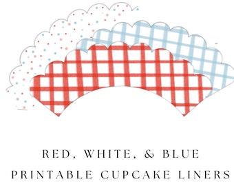 Red White Blue Printable Cupcake Liners - Gingham - Printable Party Supplies - Scalloped Cupcake Liner