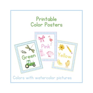 May include: Printable color posters with watercolor pictures. The posters feature the words "Green", "Pink", and "Yellow" with corresponding images.