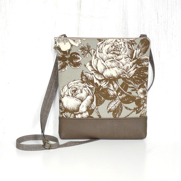 Zipper Crossbody Bag, Cross Body Purse, Small Sling Purse -  Heirloom Floral in Aqua Gray, Cream and Sepia