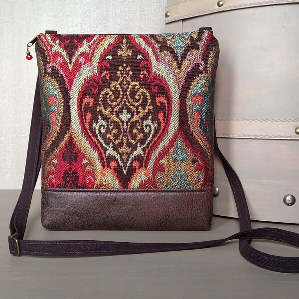 Cross Body Purse, Fabric Crossbody Bag, Small Hip Bag, Zipper Sling Purse - Regal Damask in Red, Aqua and Espresso Brown