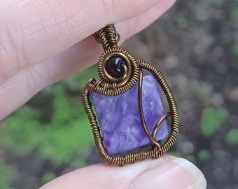 Charoite Wire Wrapped Pendant. Natural Purple Gemstone Necklace. Wire Weave Jewelry. Purple Charoite Mini Pendant Wrapling