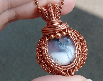 Dendritic Agate Wire Wrapped Pendant. Wire Wrapped Jewelry Handmade. Crystal Necklace. Bare Copper Wrap. Black, Gray, and White Stone Wrap