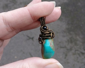 Turquoise Wire Wrap Pendant Necklace, Natural Turquoise Stone Jewelry, Southwestern Boho Jewelry, Small Turquoise Necklace. Wrapling