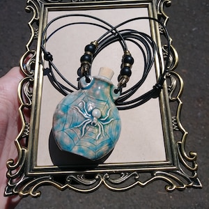 Spider Double Sided Potion Bottle with Onyx Beads. Arachne, Halloween, Amphora Vessel for Oils, Ashes, Perfumes. Wiccan Raku Bottle Necklace