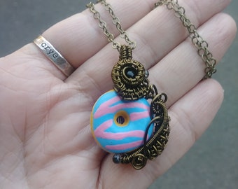 Donut Wire Wrapped Pendant. Food Necklace. Peruvian Clay Pendant. Snack Time. Sweet Treat Necklace. Glazed Pastry. Donut Jewelry