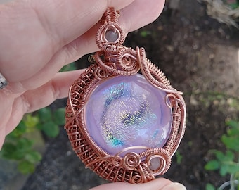 Pink Spiral Glass Dichroic Wrap Pendant, Woven Wire Wrapped Necklace, Bare Copper Wrap, Pastel Rainbow Sparkle Jewelry