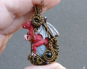 Red Dragon Wire Wrap Pendant Necklace. Peruvian Clay Pendant and Onyx. Fantasy Jewelry. Fire Dragon Spirit