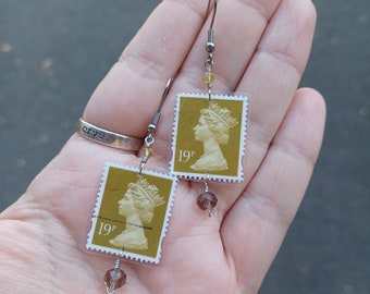 Queen Postage Stamp Earrings. Gold Recycled Stamp Jewelry. Repurposed Earrings. Vintage Upcycled Postage Stamp. Lightweight Unique Earrings