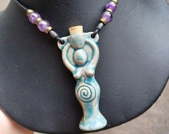 Goddess Potion Bottle, Mother Goddess, Spiral Goddess, Amphora Vessel for Oils, Ashes, Perfumes. Wiccan Raku Bottle Talisman Necklace