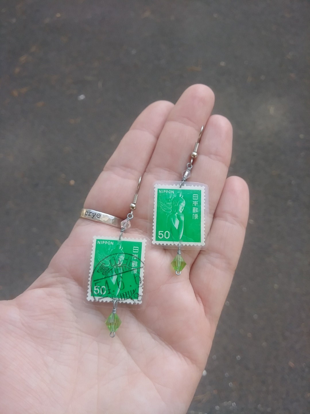 Japanese Postage Stamp Earrings. Green Recycled Stamp Jewelry. Vintage
