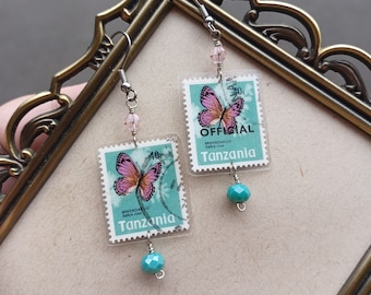 Butterfly Postage Stamp Earrings. African Snout Butterfly Recycled Repurposed Stamp Jewelry. Upcycled Postage Stamp. Lightweight Unique