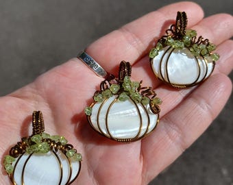 Mother of Pearl Pumpkin Pendant, Wire Wrapped Necklace, Peridot Leaves