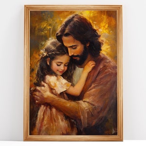 Veilig in zijn armen, christelijk schilderij, kunst Jezus en meisje, Jezusportret, bijbelmuurkunst, kunst Jezus met kinderen | DIGITALE DOWNLOAD #135
