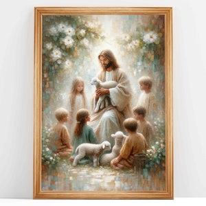 Jesus med barn oljemålning: Kristet konsttryck (digital nedladdning)
