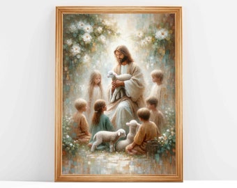 Jesus com crianças: pintura a óleo: impressão de arte cristã (download digital)