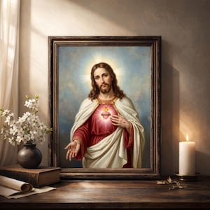Op de afbeelding: Een ingelijst portret van Jezus Christus, afgebeeld met lang bruin haar, een witte mantel en een rood gewaad. De afbeelding toont een halo en een heilig hart symbool. Het schilderij staat op een houten tafel met een kaars en een vaas met witte bloemen.