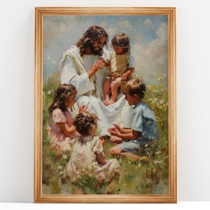 Pode incluir: Uma pintura de Jesus cercado por quatro crian&ccedil;as num campo de flores. Jesus est&aacute; vestindo uma t&uacute;nica branca e as crian&ccedil;as est&atilde;o vestindo roupas coloridas. A pintura &eacute; feita em um estilo realista e tem uma sensa&ccedil;&atilde;o quente e convidativa.