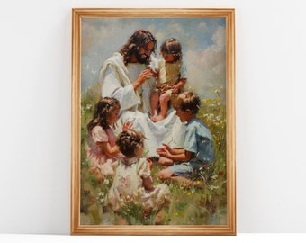 May include: A painting depicting Jesus surrounded by four children in a field of flowers. Jesus is wearing a white robe and the children are wearing colourful clothing. The painting is executed in a realistic style and has a warm, inviting feel.