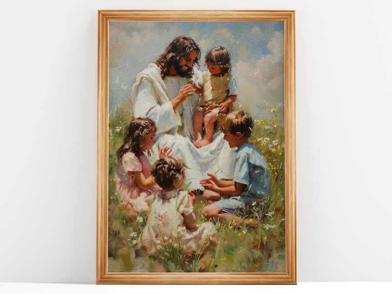 Pode incluir: Uma pintura de Jesus cercado por quatro crian&ccedil;as num campo de flores. Jesus est&aacute; vestindo uma t&uacute;nica branca e as crian&ccedil;as est&atilde;o vestindo roupas coloridas. A pintura &eacute; feita em um estilo realista e tem uma sensa&ccedil;&atilde;o quente e convidativa.