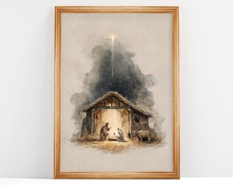 May include: Watercolor print of the Nativity scene, framed in a light wood. The artwork depicts the Holy Family in a stable, with a bright star shining above. The style is soft and painterly, with muted tones.