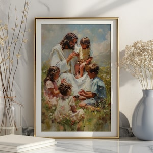 Pode incluir: Uma pintura emoldurada que retrata Jesus cercado por quatro crian&ccedil;as em um campo de flores. Jesus est&aacute; vestindo uma t&uacute;nica branca e as crian&ccedil;as est&atilde;o vestindo roupas coloridas. A pintura &eacute; ambientada em um c&eacute;u azul com nuvens brancas.