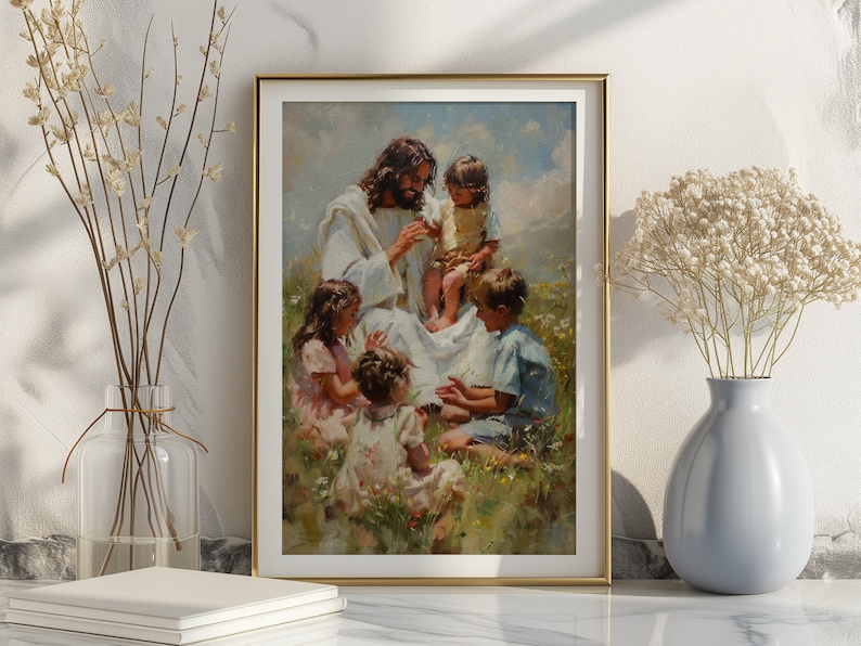 Pode incluir: Uma pintura emoldurada que retrata Jesus cercado por quatro crian&ccedil;as em um campo de flores. Jesus est&aacute; vestindo uma t&uacute;nica branca e as crian&ccedil;as est&atilde;o vestindo roupas coloridas. A pintura &eacute; ambientada em um c&eacute;u azul com nuvens brancas.