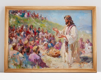 Jesus Feeds 5000 Oil Painting: Miracle of Loaves and Fishes (Digital Download)