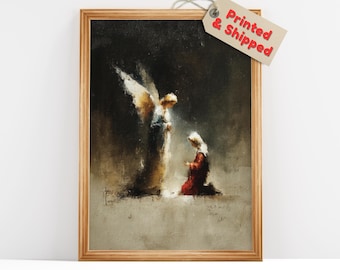Die Verkündigungsmalerei | Engel Gabriel und Jungfrau Maria Wandkunst | Christlicher Glaube Leinwanddruck | Neutrales Aquarell Dekor