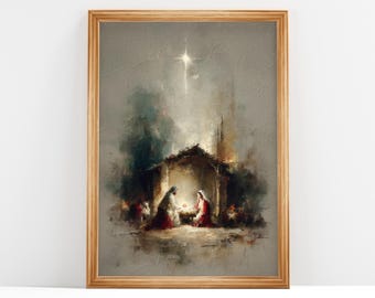 Nativity Scene Watercolor Print | Holy Family Christmas Art | Baby Jesus Manger Wall Decor, Christmas, DIGITAL DOWNLOAD #314