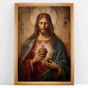 Sagrado Corazón de Jesús, Luz Divina Antigua, Pintura al óleo de Jesús, Arte mural con versículos bíblicos, Retrato de Jesús, Arte cristiano / DESCARGA DIGITAL #45