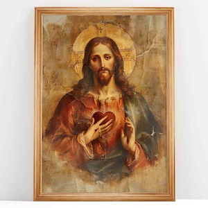 Sacro Cuore di Gesù, Luce Divina Antica, Pittura a Olio di Gesù, Arte della Parete Versetto della Bibbia, Ritratto di Gesù, Arte Cristiana / DOWNLOAD DIGITALE #32