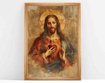 Sacred Heart of Jesus Antique Oil Painting - Christian Wall Art (Digital Download)