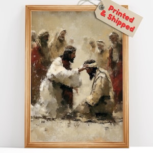 May include: A framed print of a religious scene. The artwork depicts a figure with a crown of thorns touching the head of another figure. Other figures are in the background. The print is in a wooden frame. The tag says "Printed & Shipped".