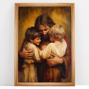 Gebonden door liefde | Jezus met kinderen | Christelijk olieverfschilderij, christelijke muurkunst, Jezus bild, Jezus kunst aan de muur, Christus knuffel, digitale DOWNLOAD #162