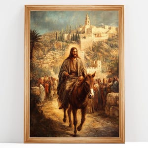 Gesù su un asino che entra a Gerusalemme, dipinto a olio di Gesù, arte murale con versi della Bibbia, arte cristiana / DOWNLOAD DIGITALE #264
