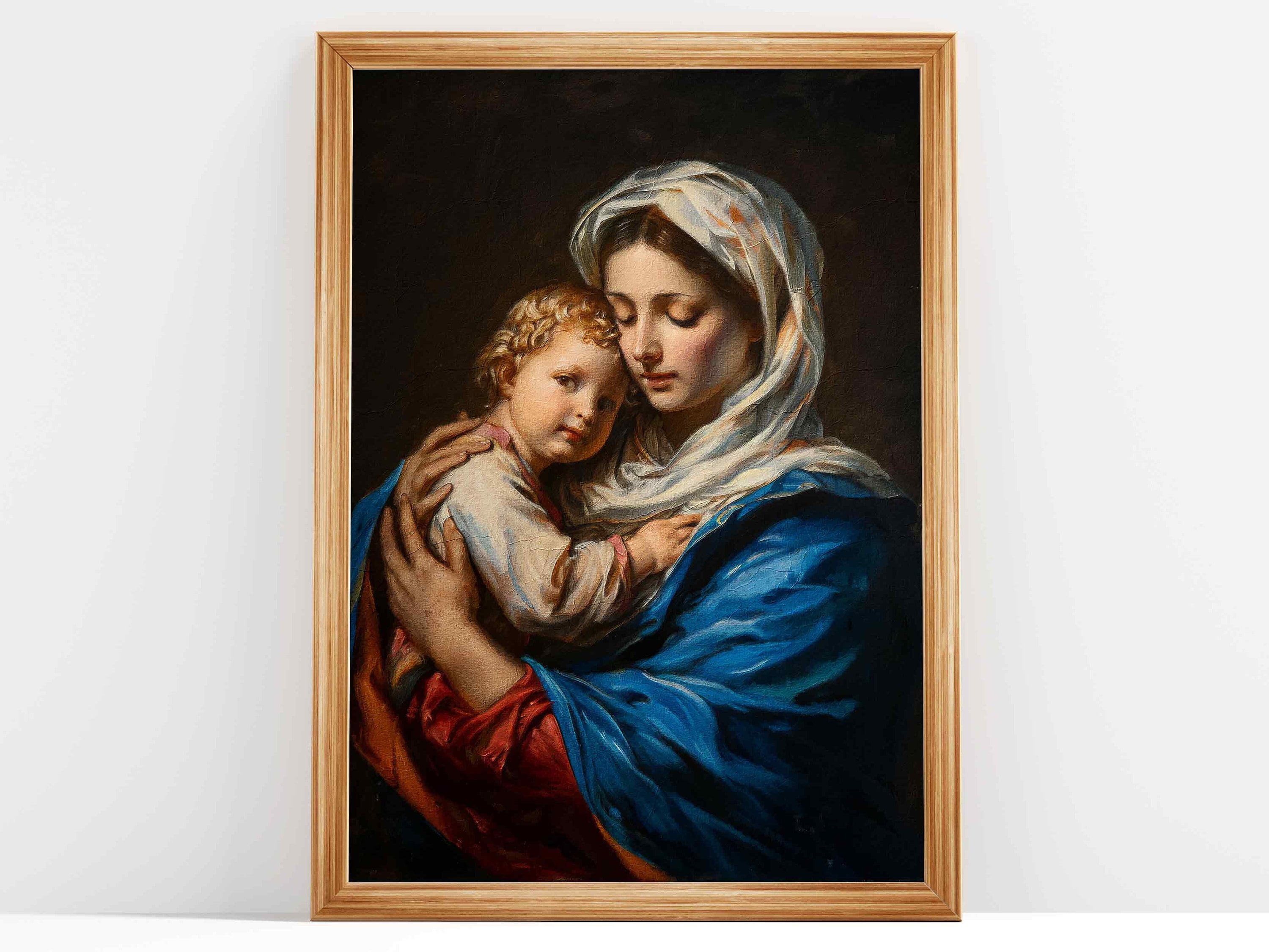 フランスアンティーク 天使に囲まれた聖母マリアと子供キリスト 額装 手描き 絵画 フランスアンティーク 天使に囲まれた聖母マリアと子供キリスト 額装