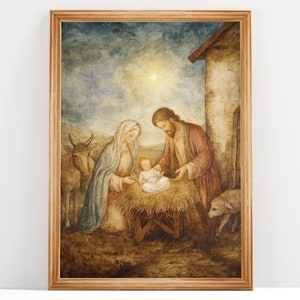 Holy Night Nativity, Nativity Scene, Image of The Holy Family, Oil Painting, Catholic Printable | Catholic Art | DIGITAL DOWNLOAD #193