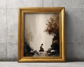 Jesus Praying Under Divine Light Art, Vintage Catholic Wall Decor, Solitary Prayer Christian Print, Sacred Light Religious Gift 373