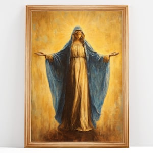 Puede incluir: Una pintura de la Virgen María con una túnica azul y los brazos extendidos. Está de pie en una luz dorada.