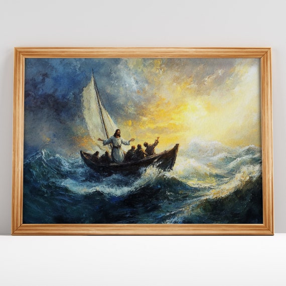 エスニックな絵画/油絵/JAISWALの表記あり/模写 嵐を鎮めるイエスの油絵：カトリックアートの印刷可能（デジタル