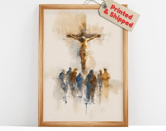 Aquarel kruisiging van Jezus | Christus aan het kruis schilderij | Christelijke muurkunst op Goede Vrijdag | Katholiek geloofsdecor 365