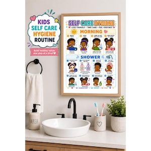 Op de afbeelding: Een ingelijste educatieve poster getiteld SELF CARE HYGIENE met kleurrijke illustraties van een kind dat ochtend- en doucheroutines uitvoert. De tekst bevat instructies zoals BRUSH TEETH, WASH FACE en BE CONSISTENT, BE PROUD, BE YOU.