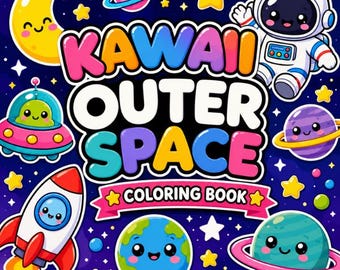 Kawaii målarbok för yttre rymden, söta målarbilder med rymden, utskrivbar astronaut i PDF-format, digital nedladdning för barn och vuxna