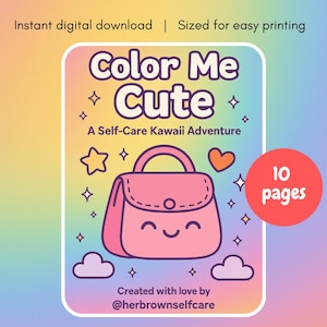 Colour Me Cute kleurboek | 10 schattige kawaii kleurplaten | Digitale download | Ontspannende zelfzorgprints voor volwassenen en tieners