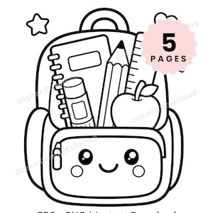 Può includere: Una pagina da colorare in bianco e nero raffigurante uno zaino con una faccia sorridente. All'interno dello zaino ci sono un quaderno a spirale, una matita, un righello e una mela. A sinistra c'è una stella e un badge rosa con scritto 5 PAGES. Il testo in basso recita PDF + PNG | Instant Download.
